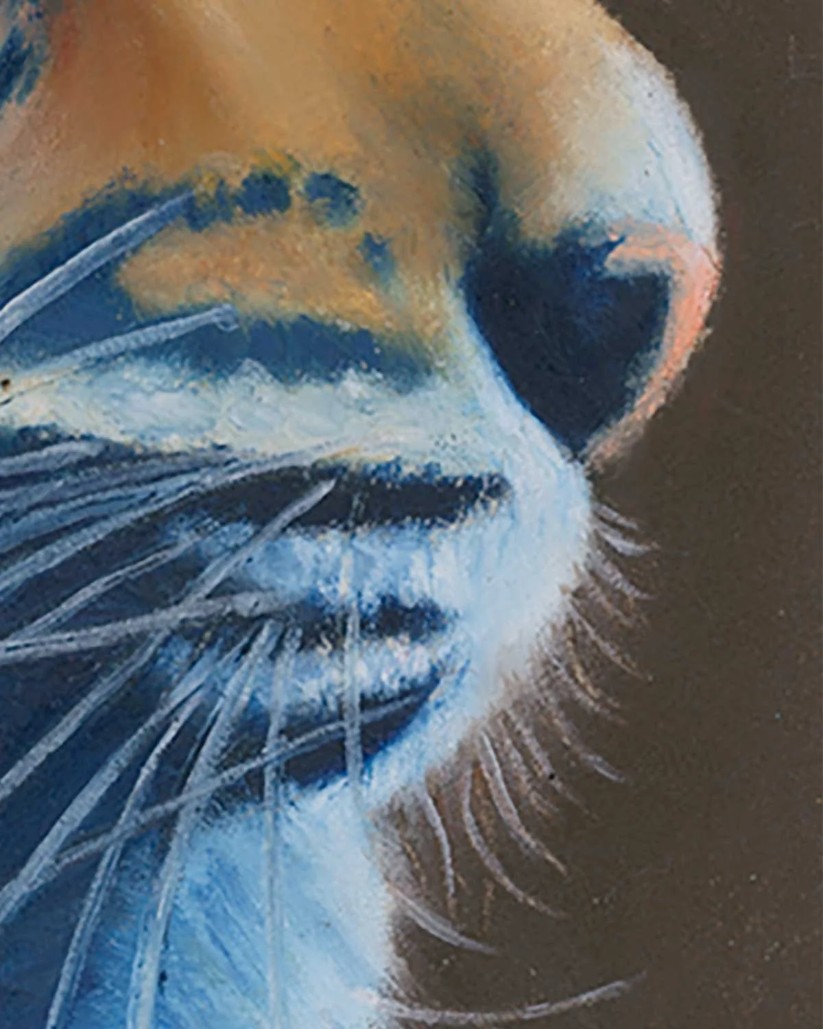 A close up of an oil pastel painting of a tiger in blue and orange.