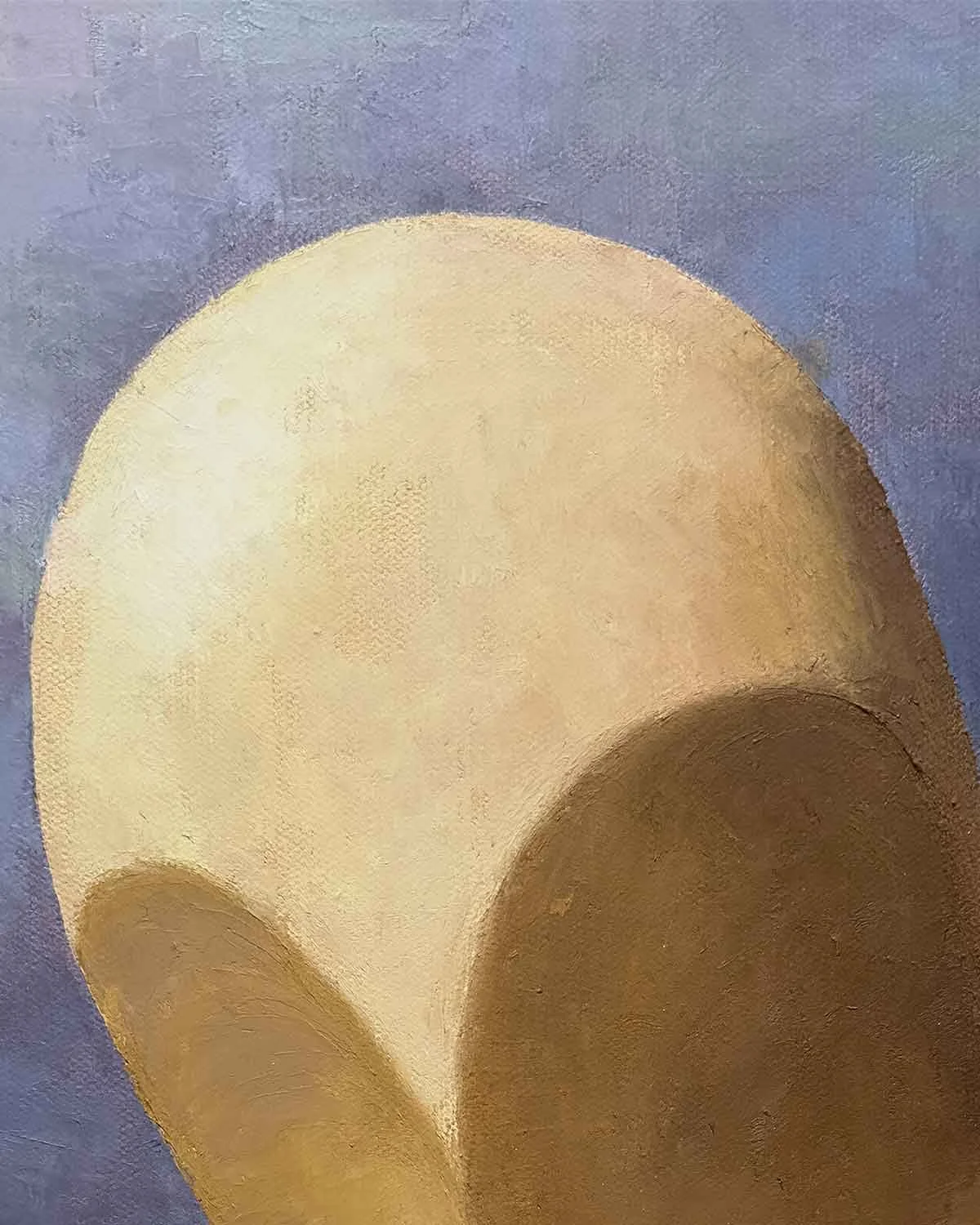 A close up of a palette knife oil painting of a wooden doll looking down at a pink stuffed rabbit.