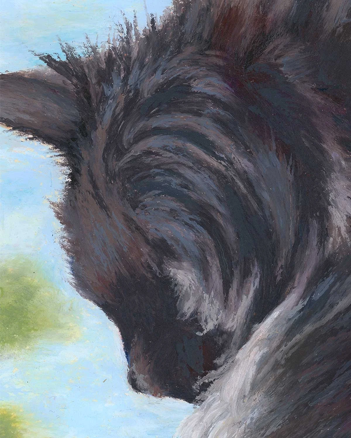 A close up of an oil pastel painting of a cat looking out a window.