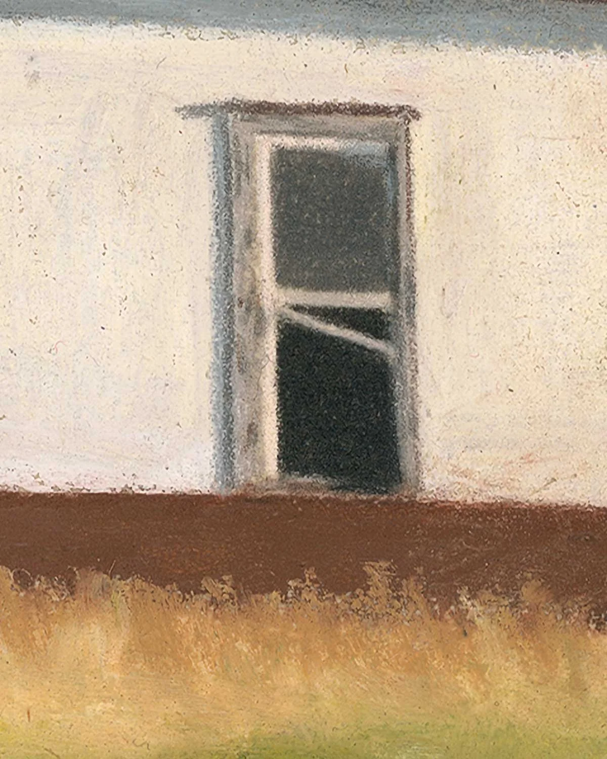 A close up of an oil pastel painting of an abandoned house in a field.