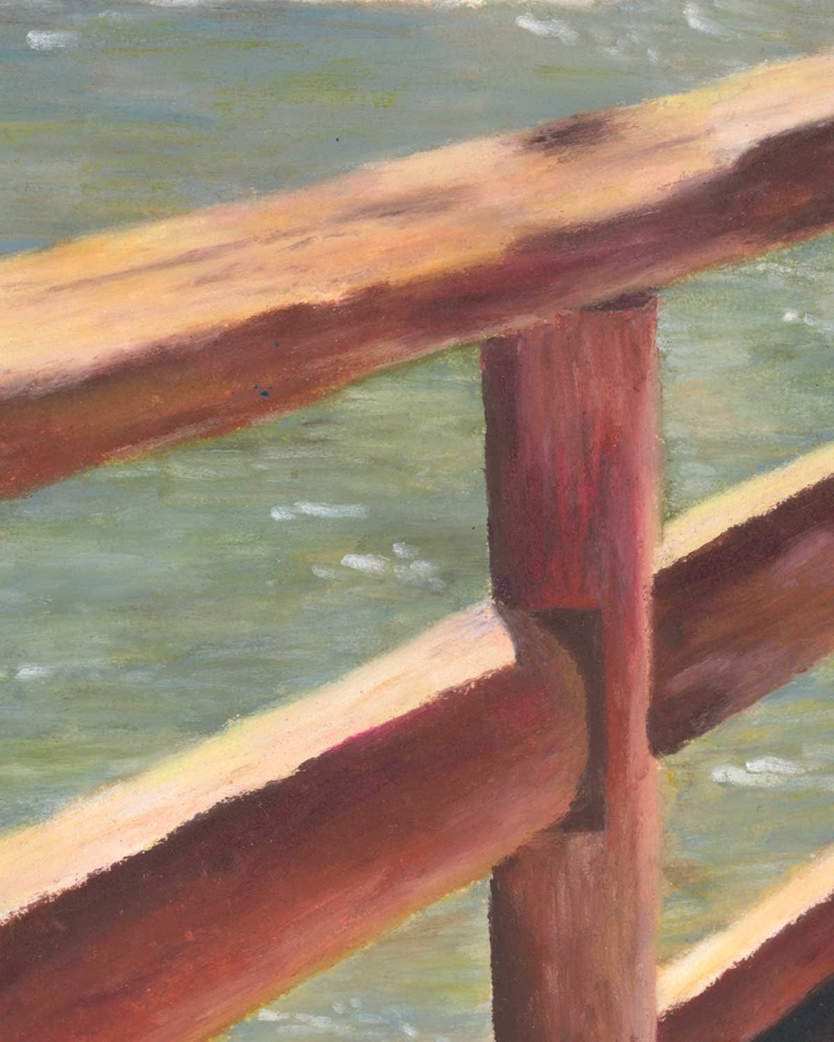 A close up of an oil pastel painting of Jenny Lake in Grand Teton National Park.