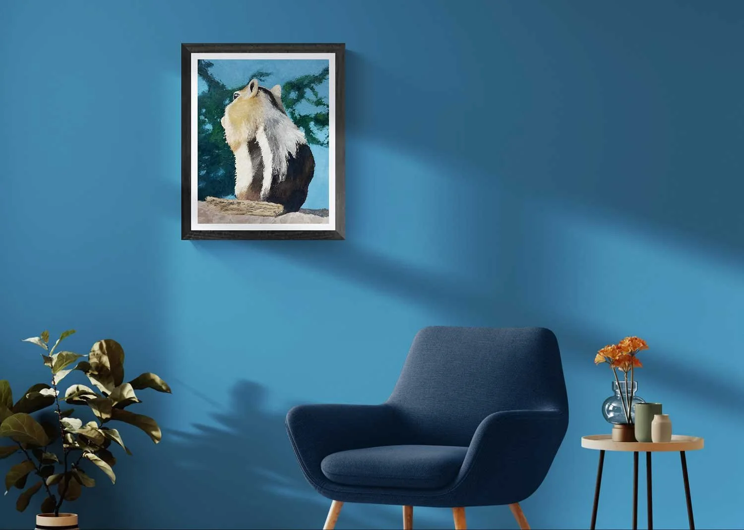 A framed giclée fine art print of a palette knife oil painting of a chipmunk in Summit County, Colorado.