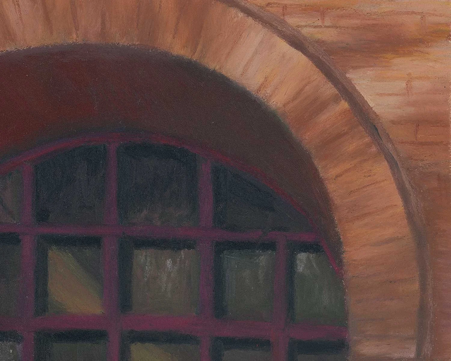 A close up of an oil pastel painting of a red door into a brick building.