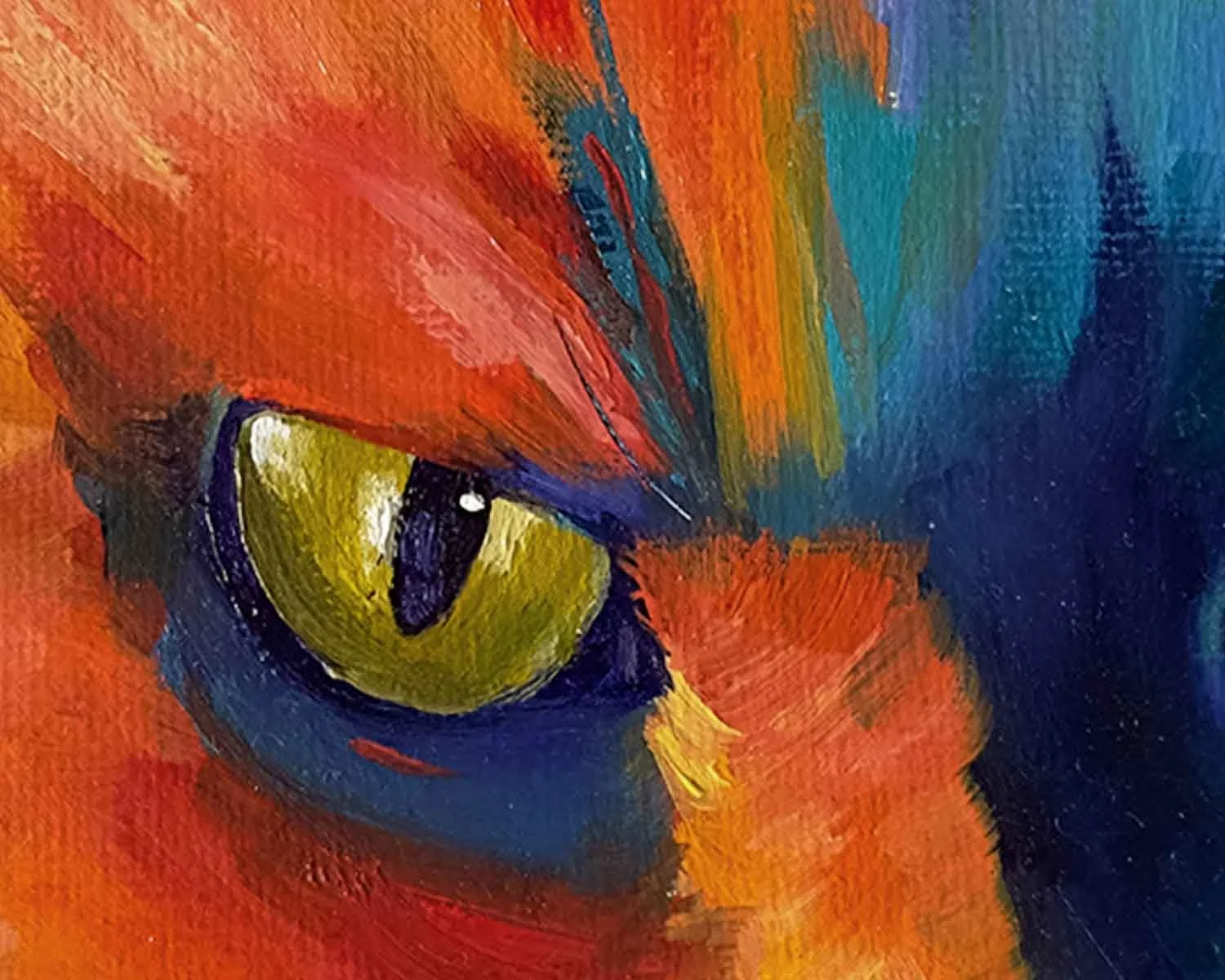 A close up of an oil painting of a cat done in warm and cool colors.