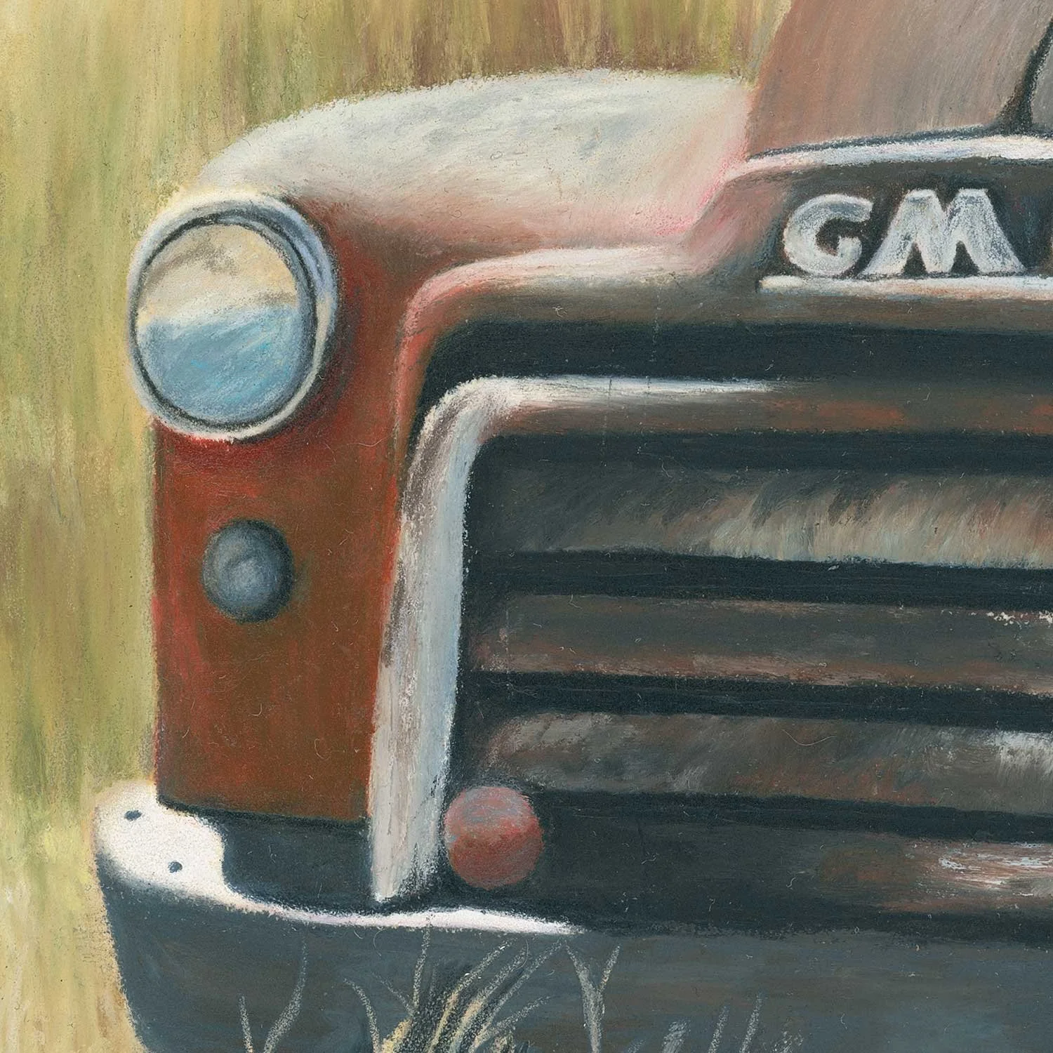 A close up of an oil pastel painting of a vintage collector GMC pickup in a field.