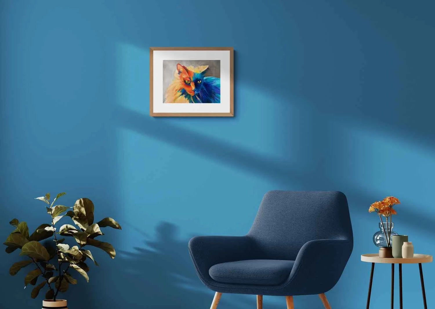 A framed oil painting of a cat done in warm and cool colors.