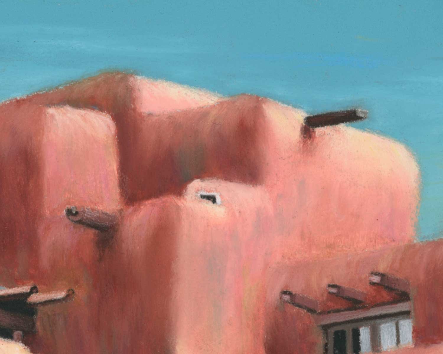 A close up of an oil pastel painting of the Inn and Spa at Loretto in Santa Fe, New Mexico.