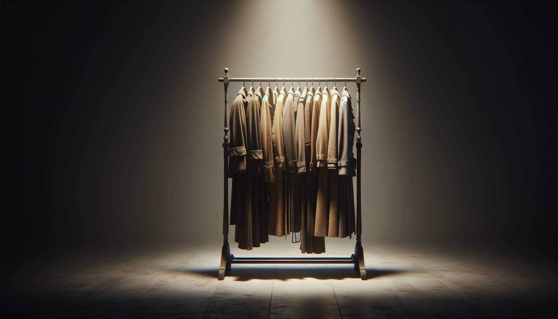 A clothing rack holding beige and brown coats and jackets in a spotlighted setting.