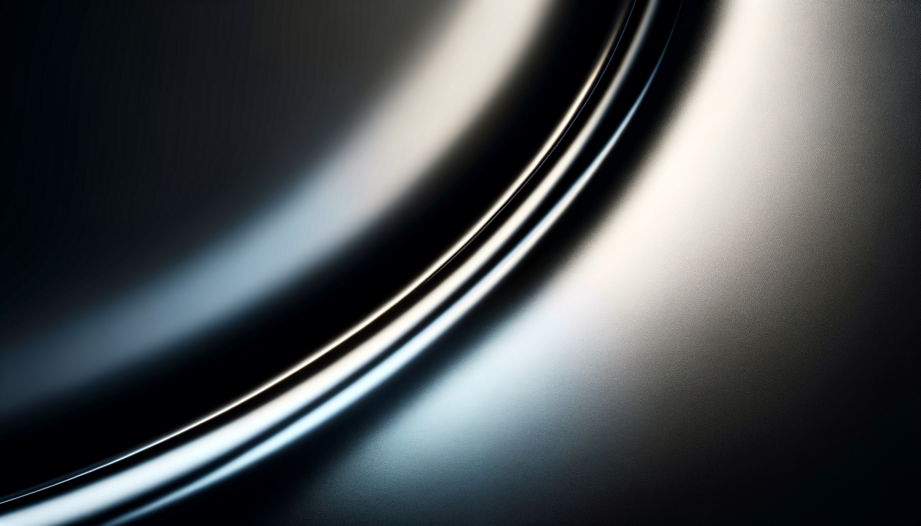 Close-up of a sleek, metallic, curved surface with a shiny finish, showing reflections and a textured gradient background.