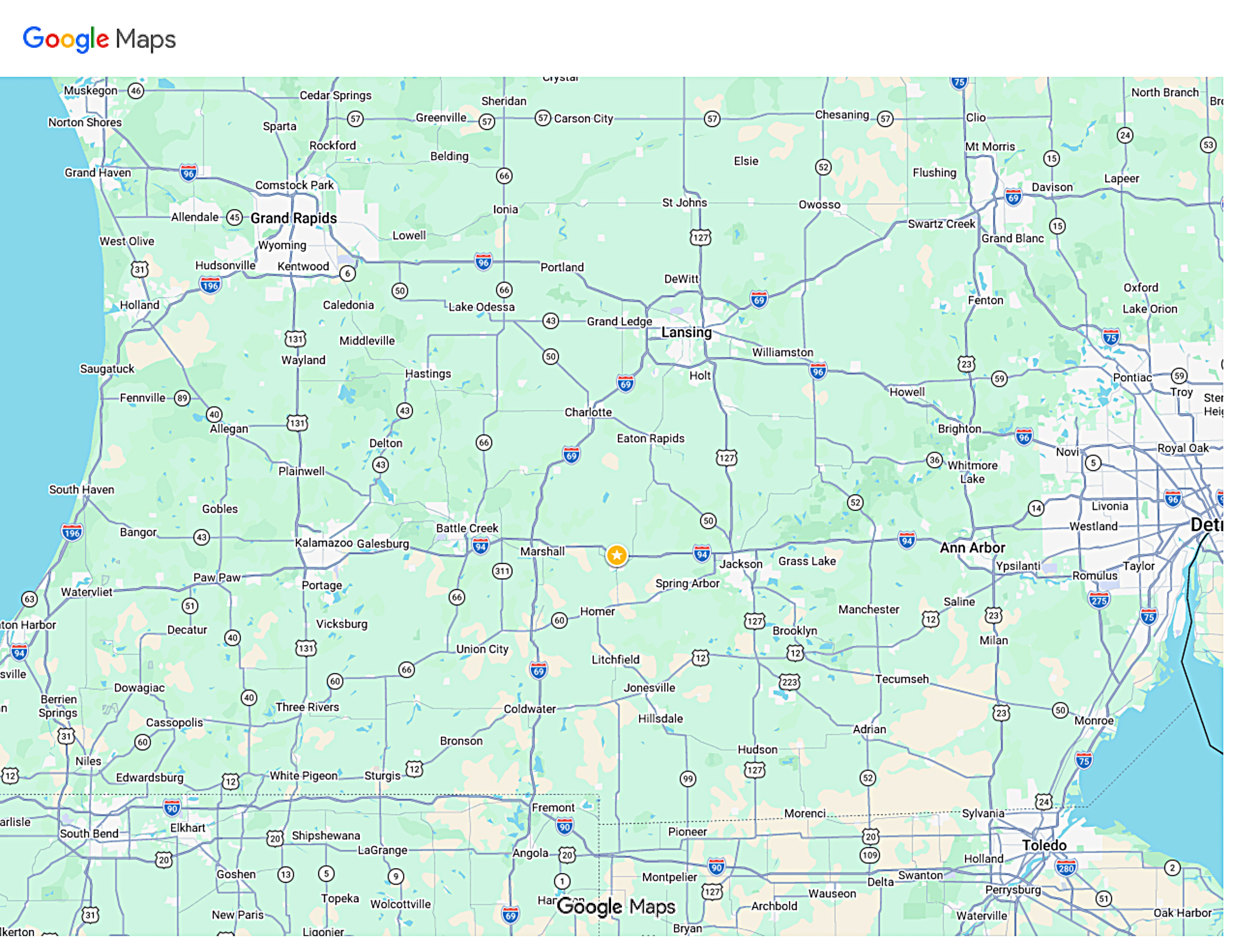 A map showing the main expressways and the names of city. The City of Albion, Michigan is starred to mark the location of our business