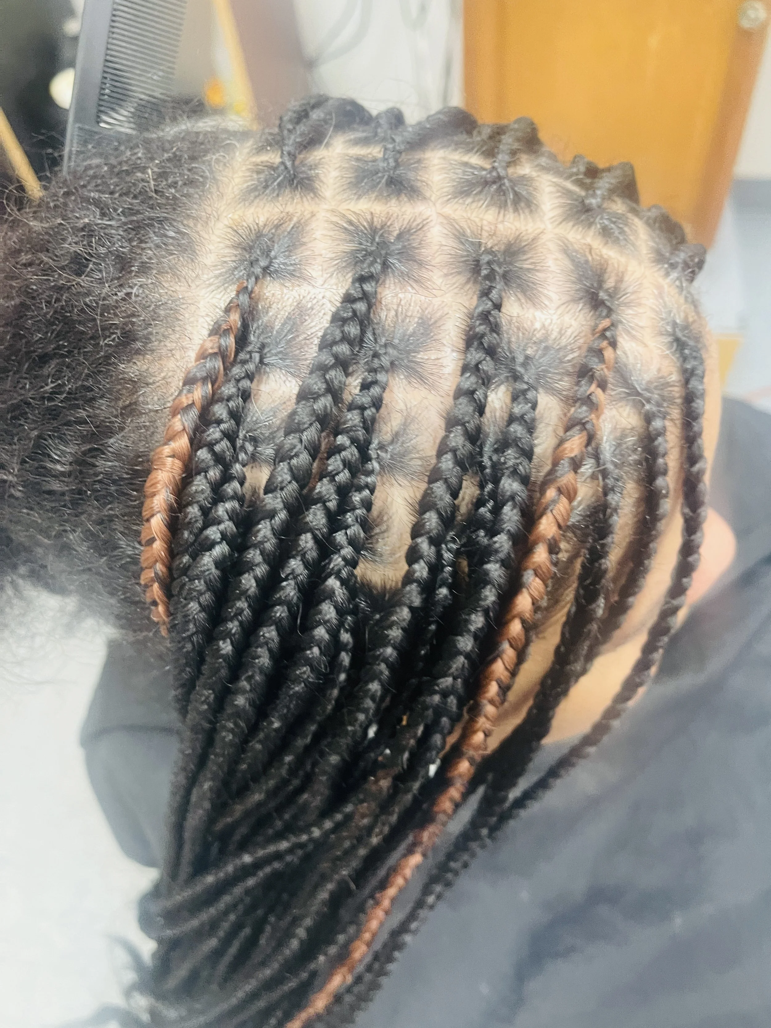 Close-up of a person's scalp with neatly planted and styled braids, showing black and brown hair.