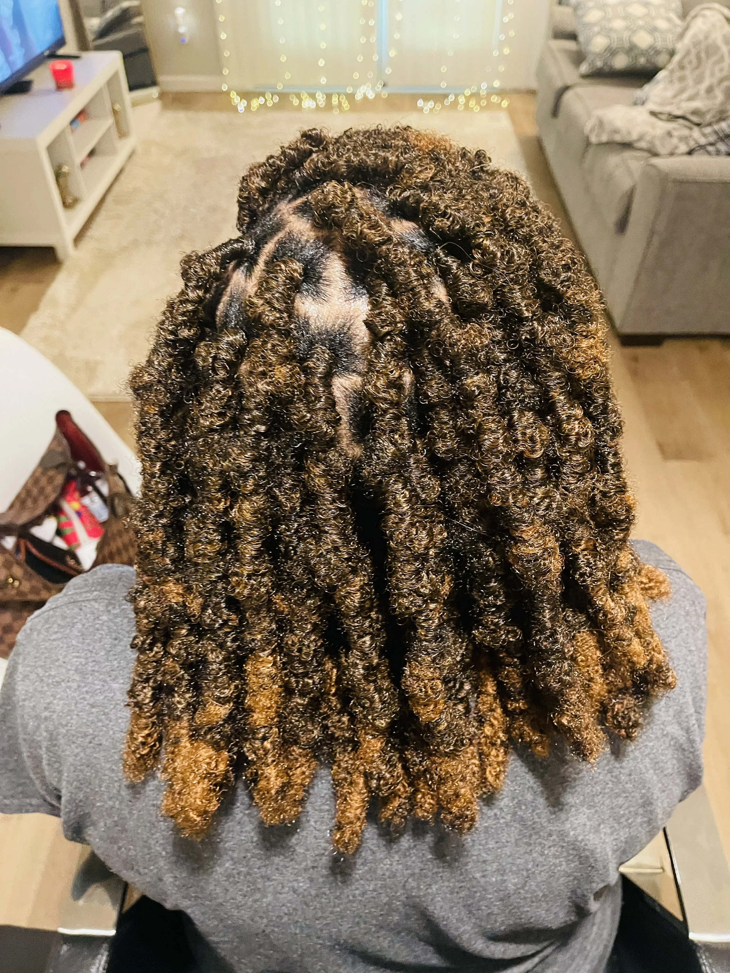 Close-up of a person with long, thick, curly hair with brown highlights, viewed from the back in a living room. The person is seated on a gray couch in a room decorated with string lights and a window with closed blinds.