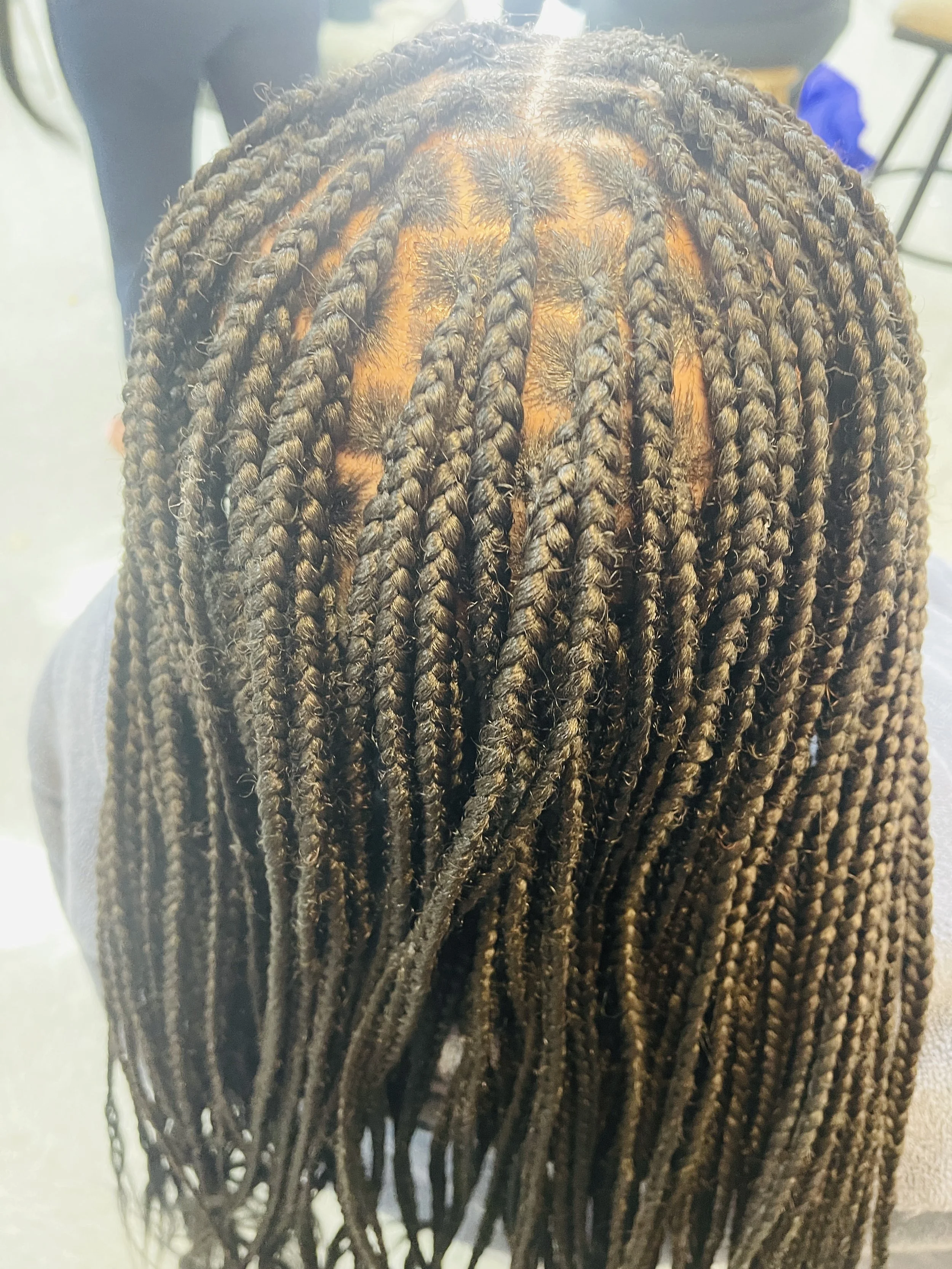Top view of a person's head with long, dark brown, neatly styled braids.