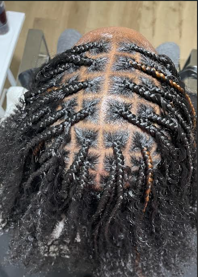 Top view of a person's head with styled braids and twists, showing the scalp and hair parted in sections.