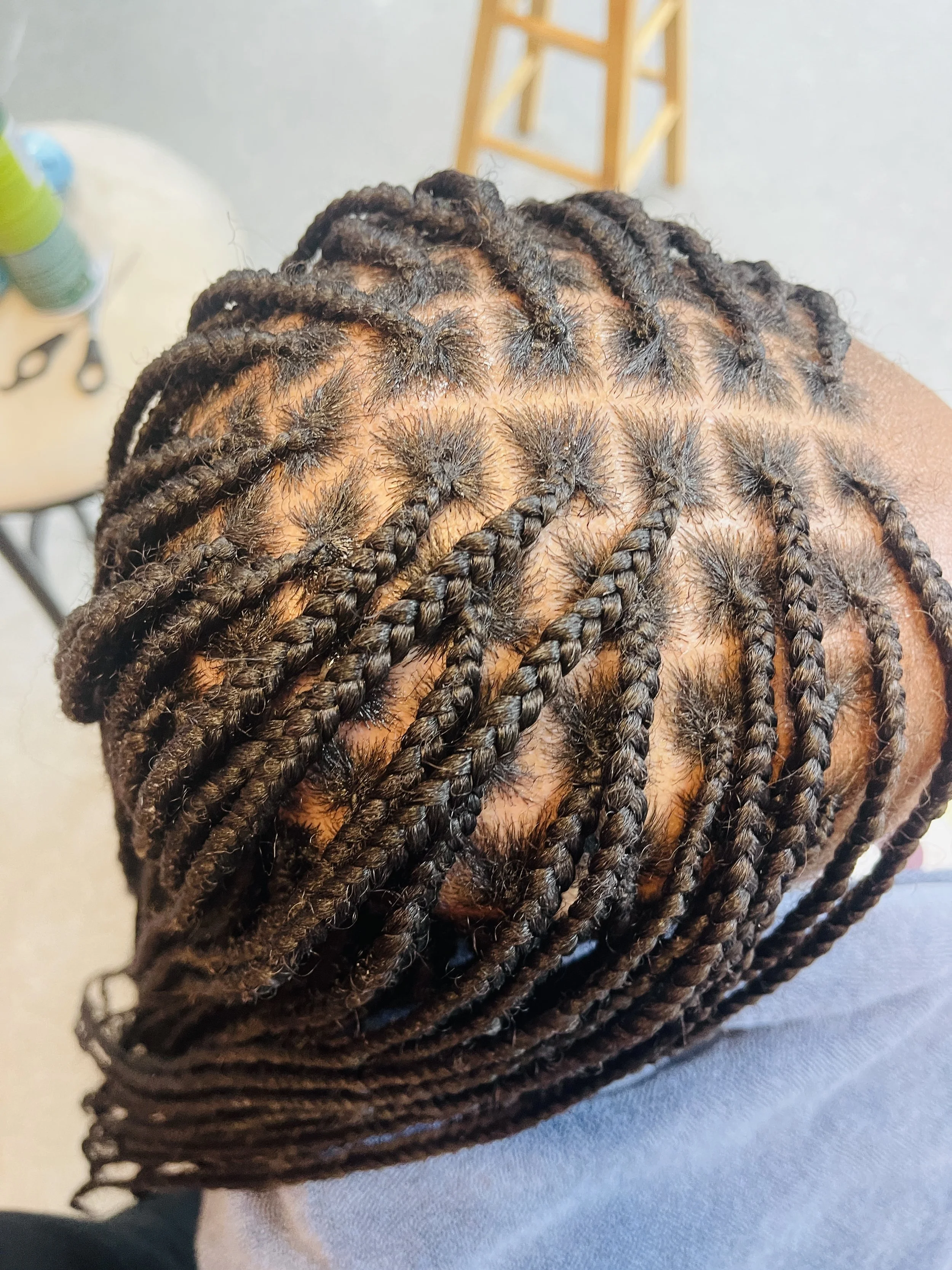 Close-up of a person's head with freshly styled box braids.