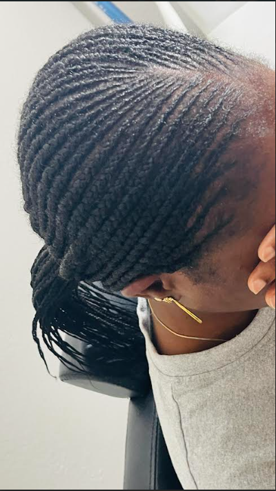 Side view of a woman with neatly styled dark twists or braids in her hair.