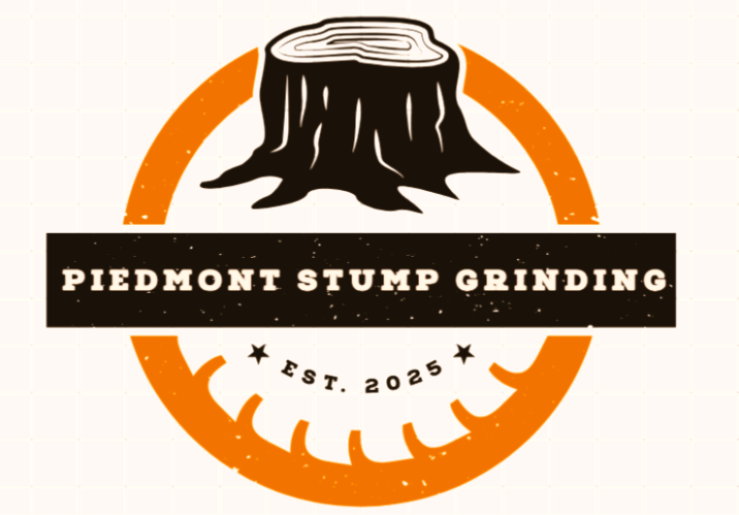 Logo for Piedmont Stump Grinding featuring a tree stump with a saw blade around it and the text "Piedmont Stump Grinding" and "EST. 2025".
