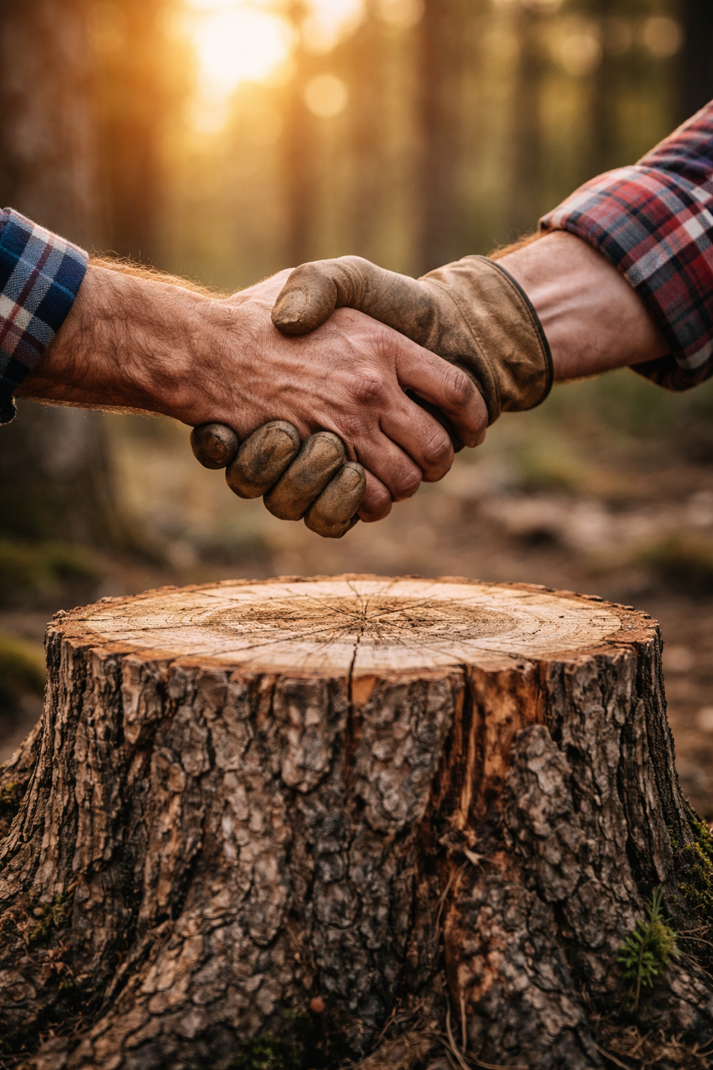 Two people shake hands over a tree stump in a forest at sunset, one wearing a plaid shirt and the other wearing work gloves.