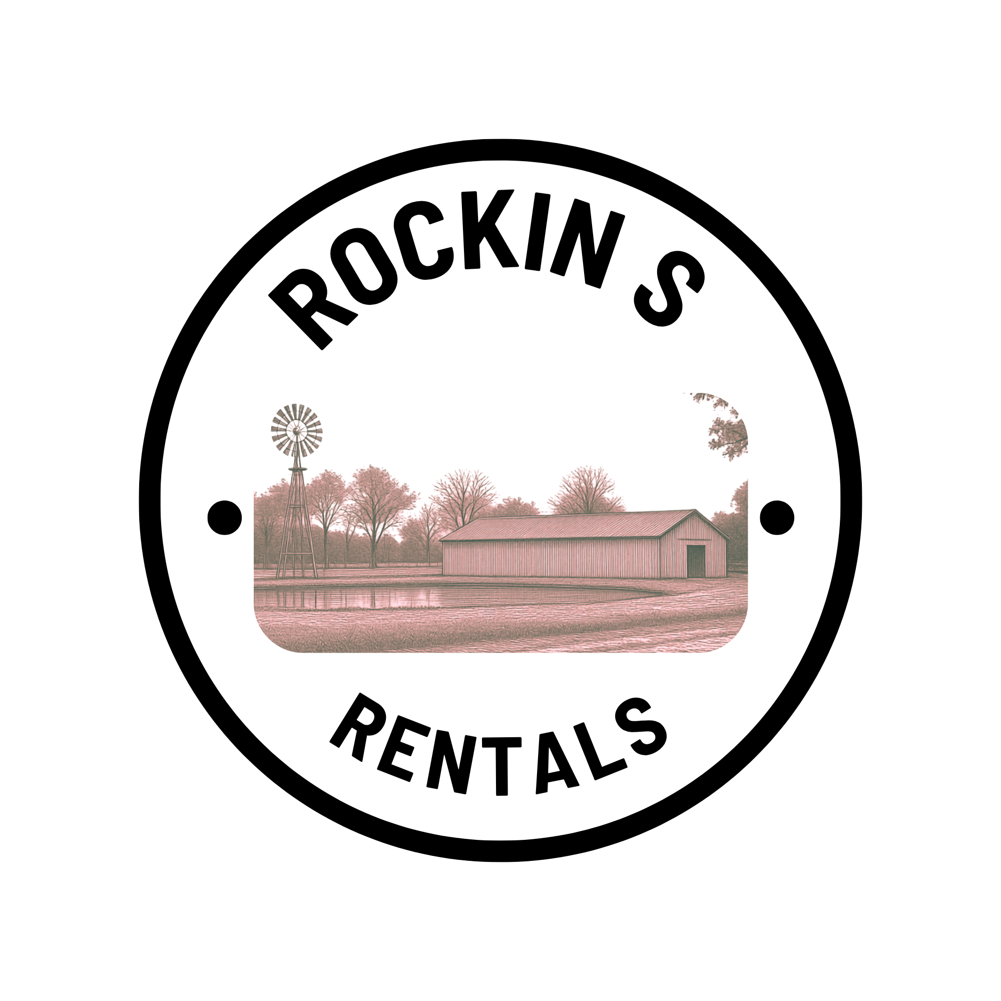 Logo for Rockin Rentals featuring a vintage style illustration of a barn, windmill, and trees.