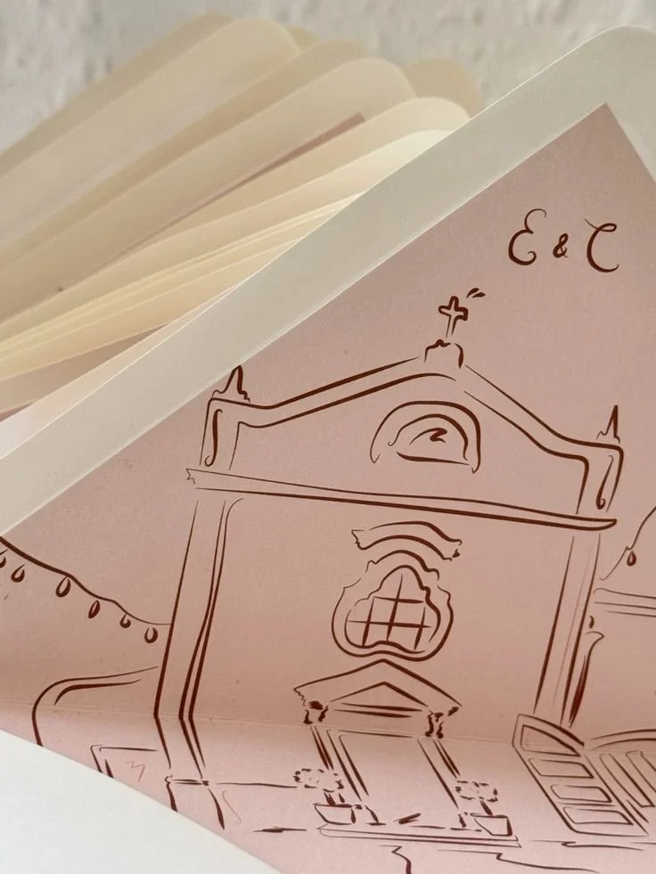 Hand-drawn illustration of a house with string lights and a window, with the initials E & C at the top.