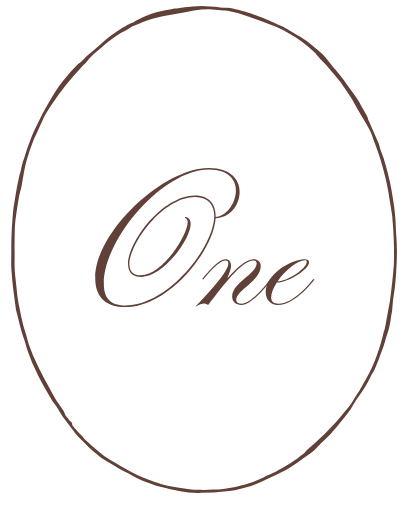 A black background with a brown oval shape and the word "One" written in cursive inside