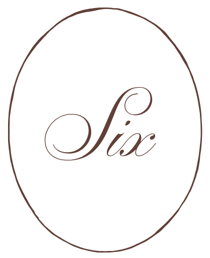 Black background with a thin oval border and the word "Six" written in elegant script in the center.