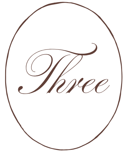 An oval logo with a black background and a thin outline in a light color. Inside the oval, the word 'Three' is written in an elegant cursive font.