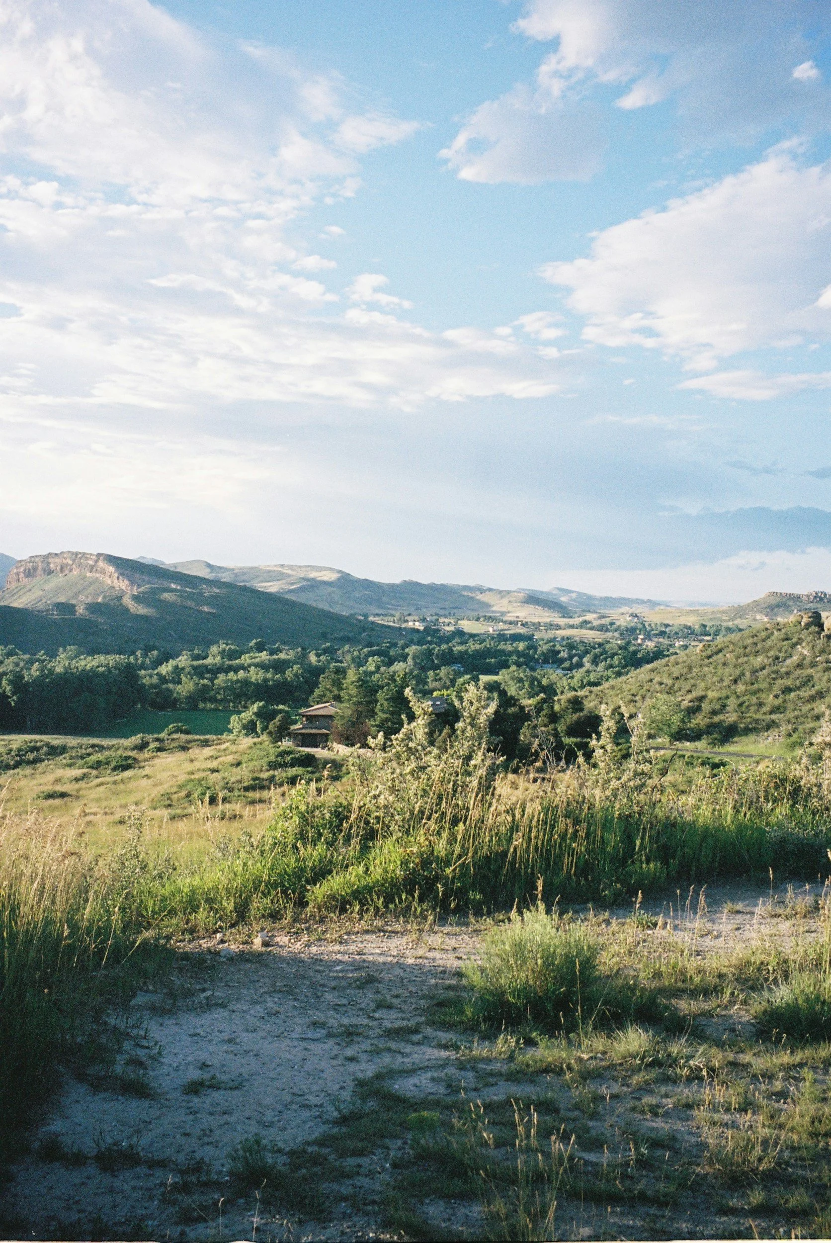 A scenic landscape with rolling hills, lush green trees, and a blue sky with scattered clouds.