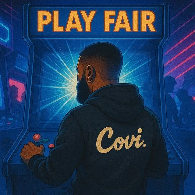 A man playing an arcade game with a neon sign above that reads 'PLAY FAIR.' The man is wearing a dark hoodie with 'Covi.' written on the back, and he is holding arcade controls in his hand. The background features silhouettes of other arcade game players and bright blue and purple neon lights.