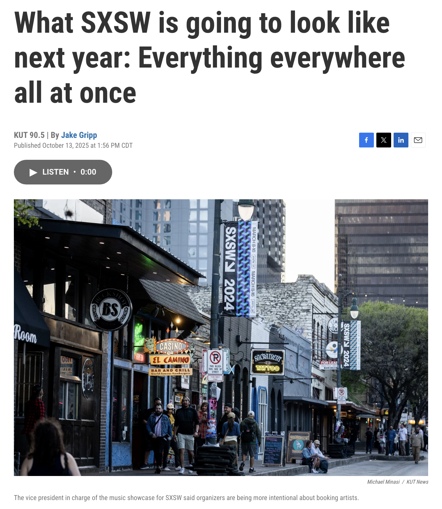 Street scene in Austin, Texas, with signs for SXSW 2024, casinos, tattoo shops, and various restaurants and bars, people walking along the sidewalk, and city skyscrapers in the background.