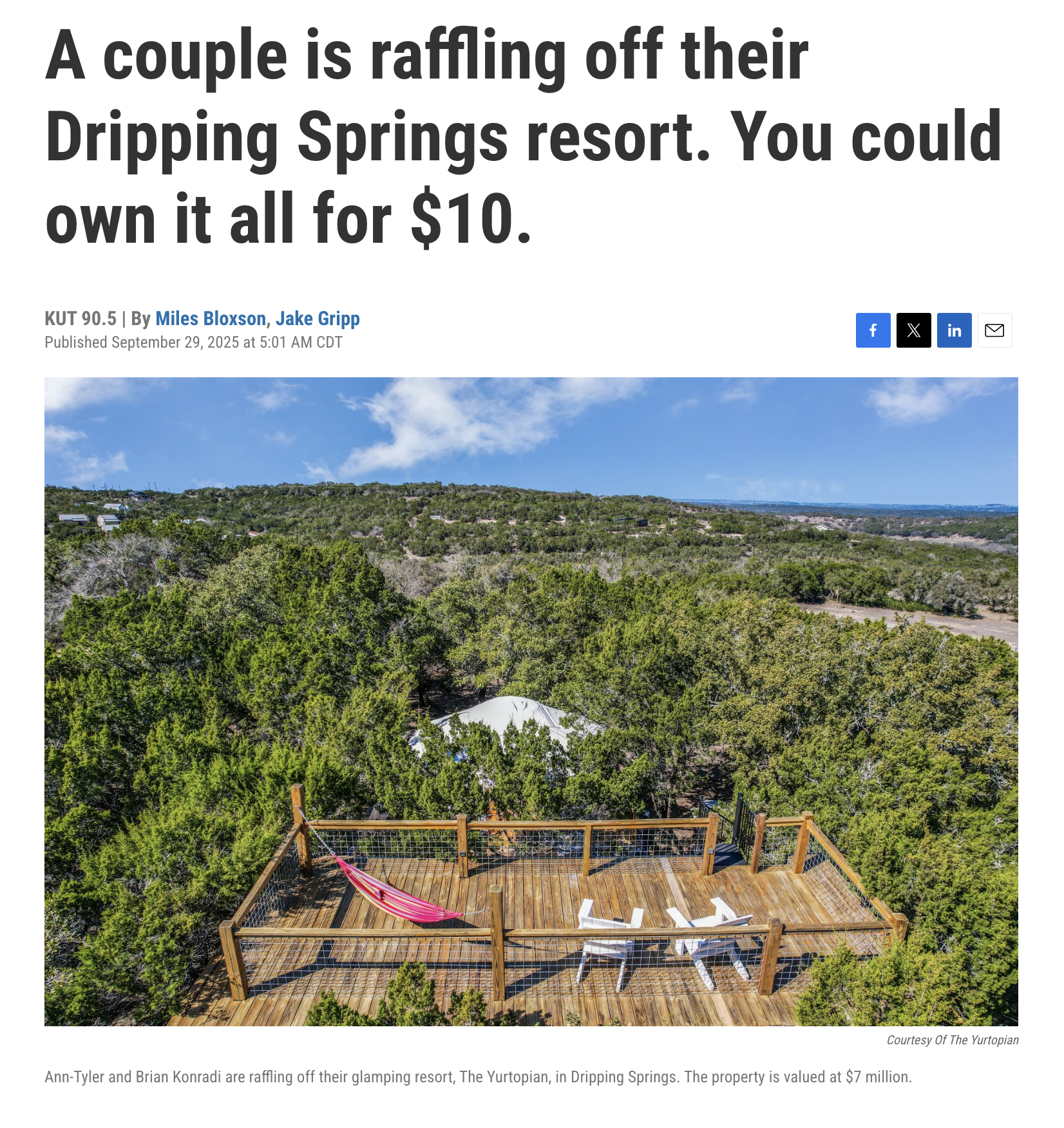 View from a wooden deck with a pink hammock and white chairs overlooking a green forested landscape in Dripping Springs, Texas, under a partly cloudy blue sky.
