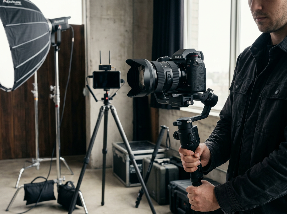 A photographer setting up professional camera equipment in a studio with lighting and a tripod.