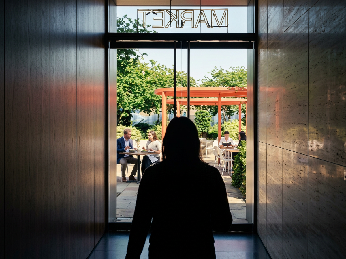 Silhouette of a person standing inside a building, looking out a glass door to an outdoor patio with people dining and socializing, with trees and a modern architectural structure in the background.