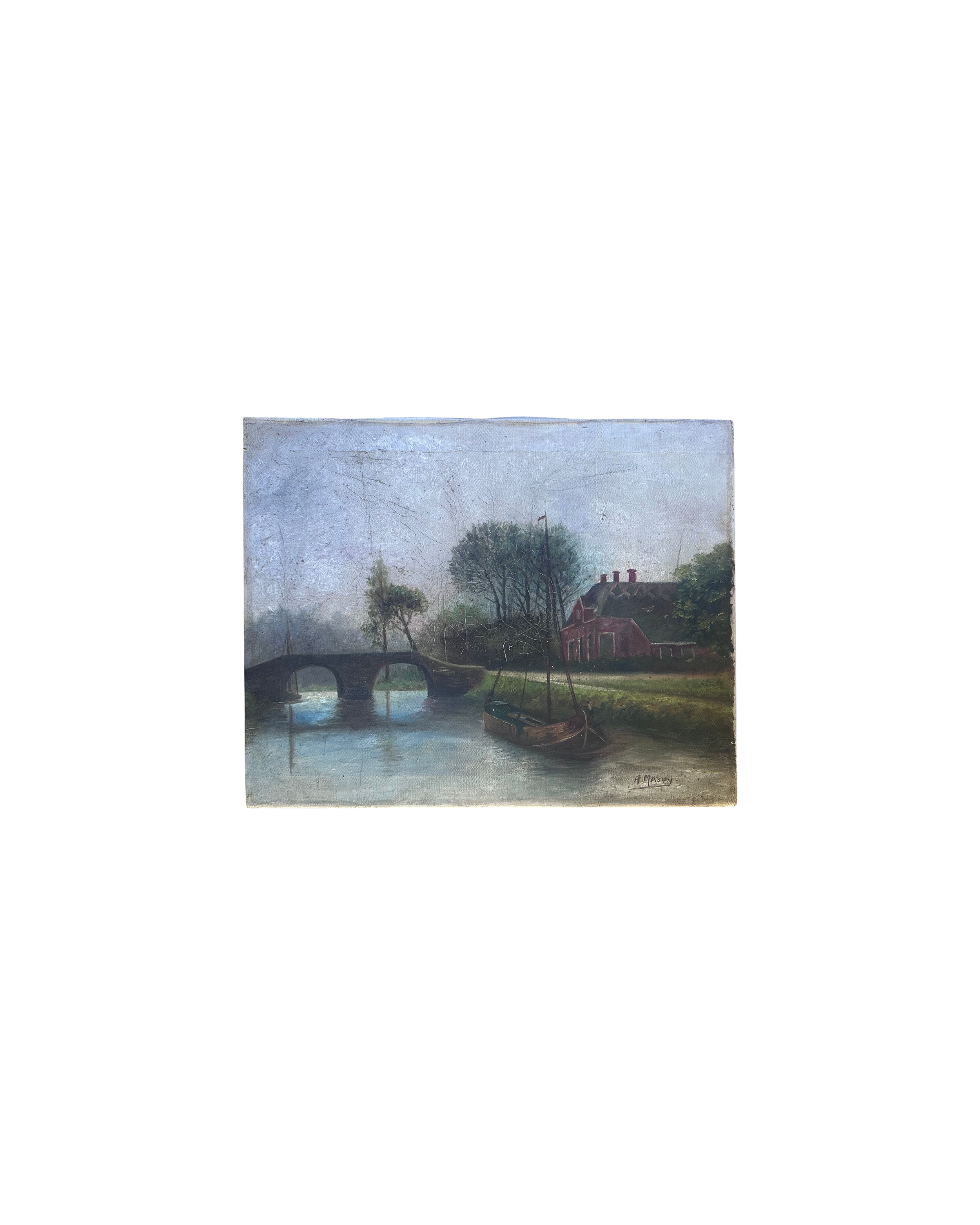 Riverbank Cottage Oil Painting, c. 1900