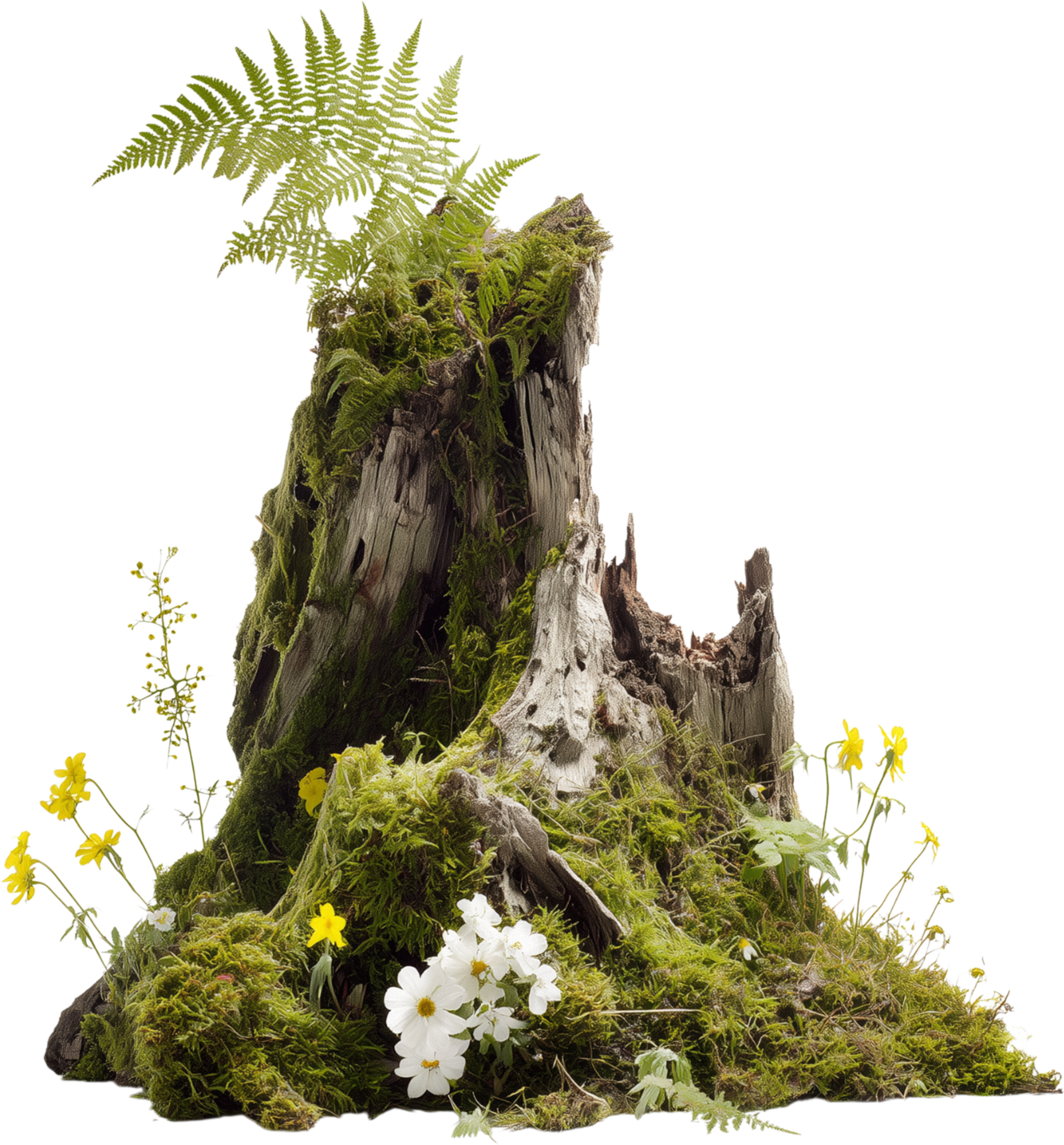 A tree stump covered with various green mosses, small white and yellow flowers, and ferns growing on top.