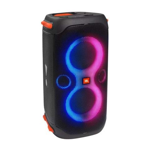 Portable JBL speaker with LED lights in blue and pink, black with orange accents.