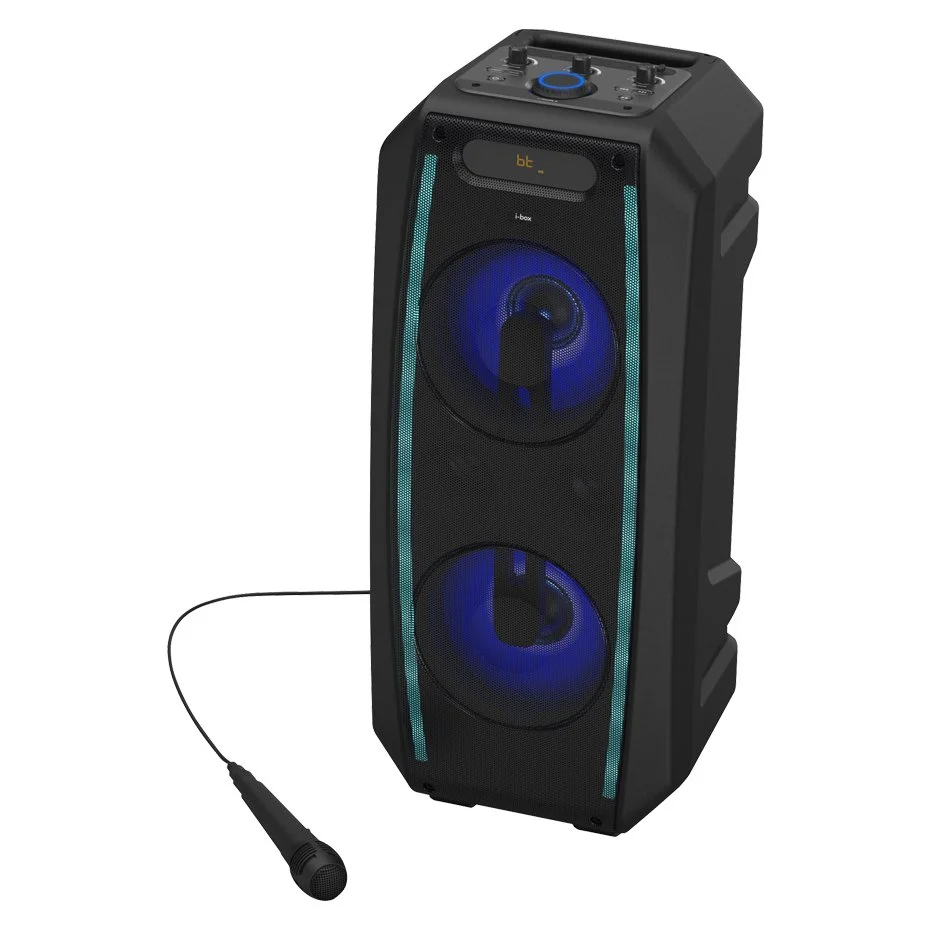 Portable black speaker system with two large blue-lit speakers and a microphone connected with a cable.
