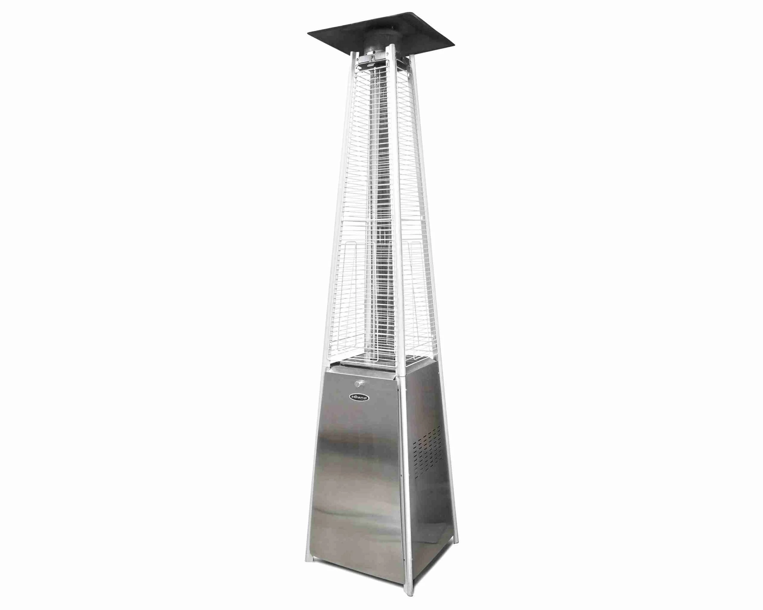 Stainless steel patio heater with a tall, narrow design and a square top, standing on a flat surface.