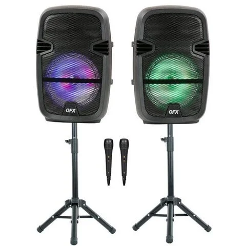 Two portable speakers on stands with two handheld microphones in front of them. The left speaker has a purple light, and the right speaker has a green light.