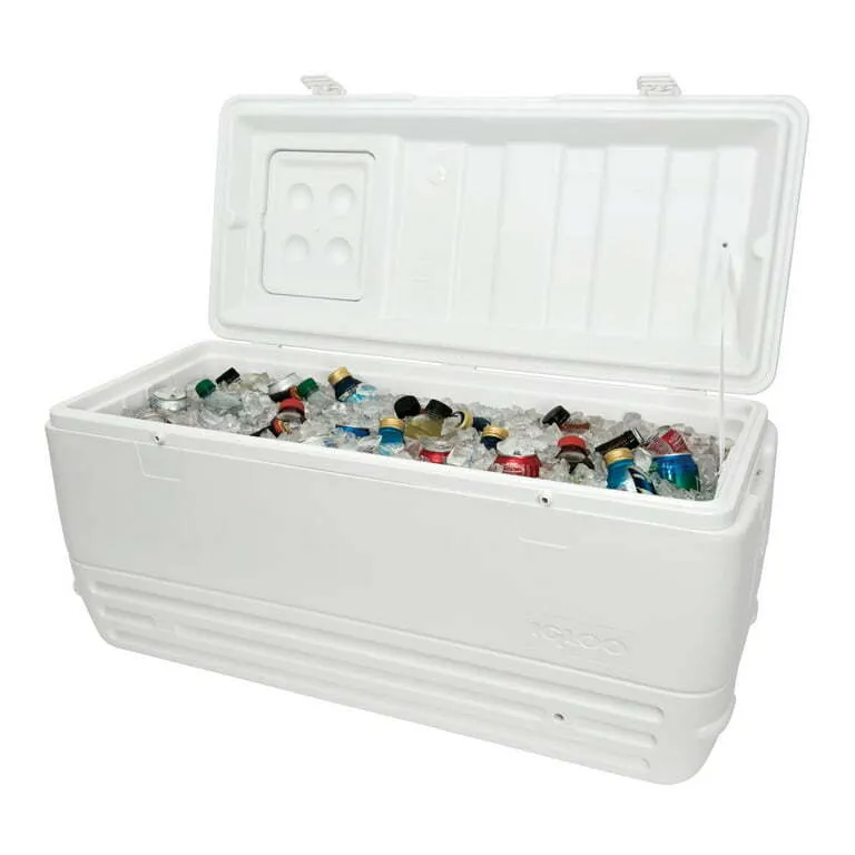 A white cooler filled with cans of soda and ice, with the lid open.
