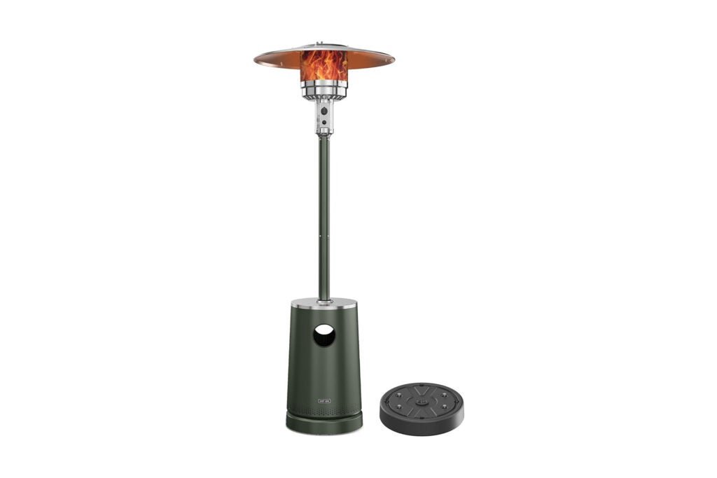 A portable outdoor heater with a round base, a tall metal pole, and a heater top with a flame pattern, accompanied by a separate round control unit.