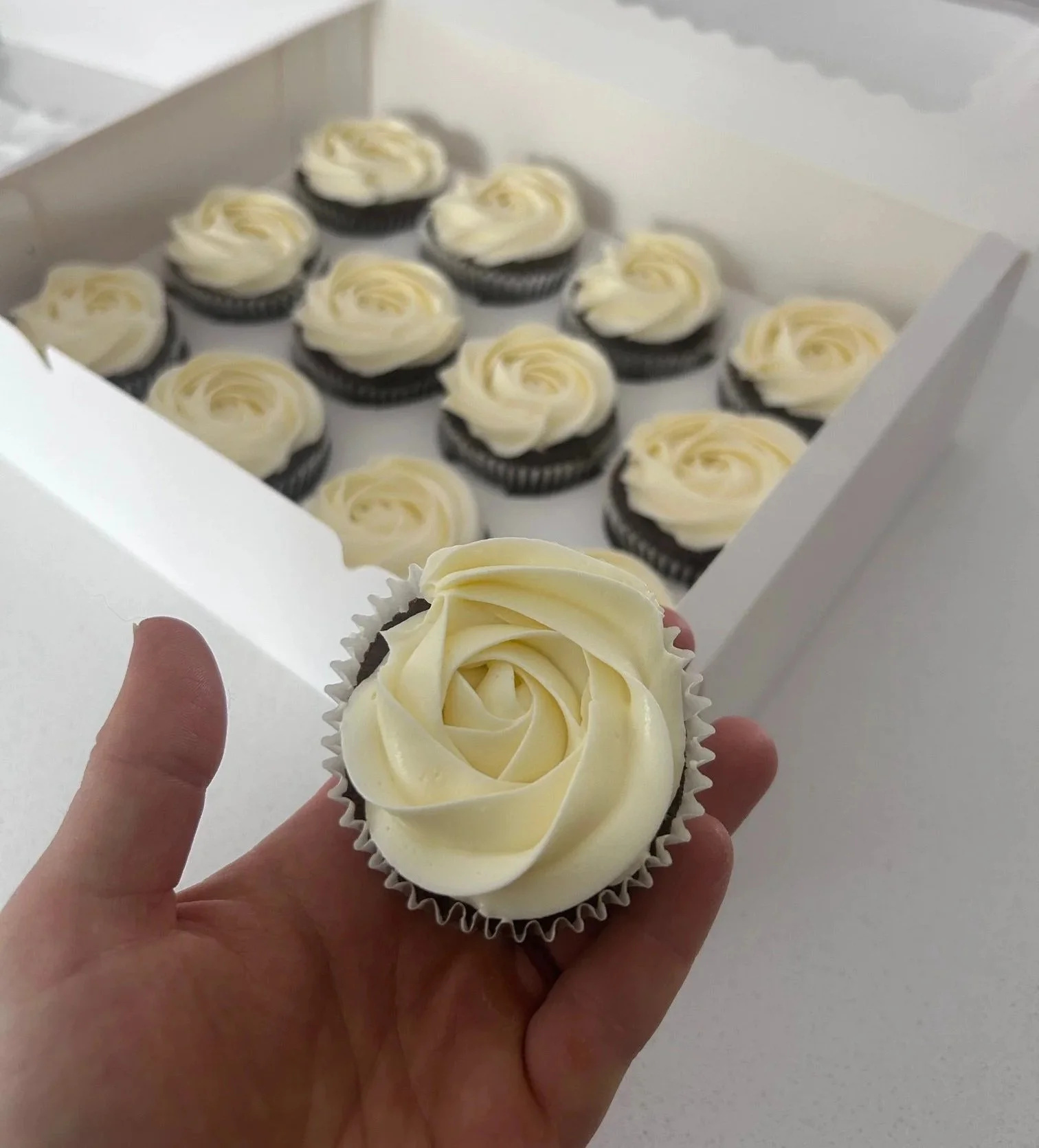 A person holding a cupcake with white frosting in front of a box of similar cupcakes.