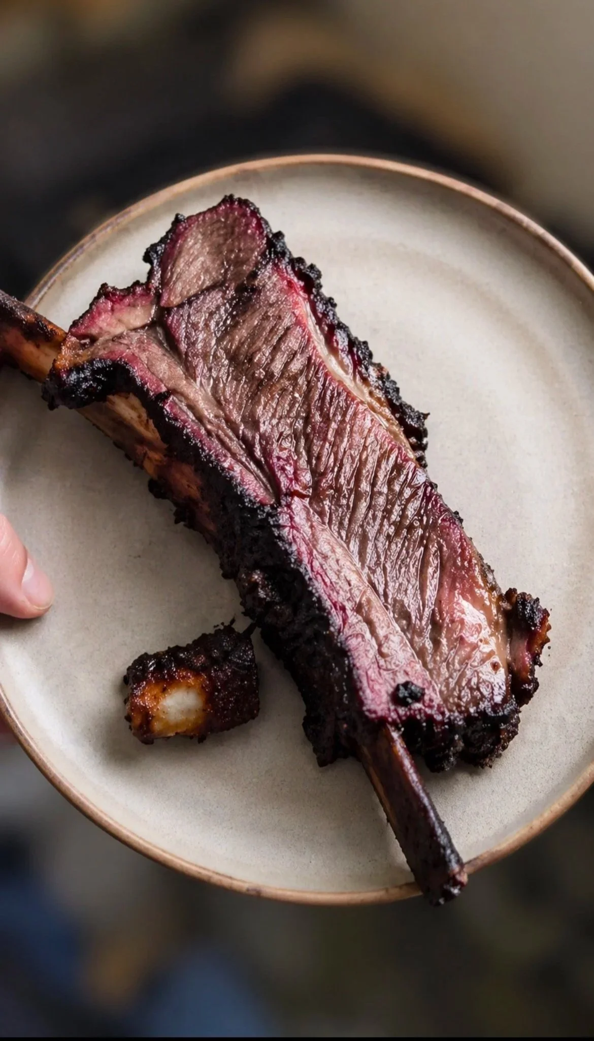 Cooked beef short rib on a white plate, with a glazed exterior and visible marbling of fat.