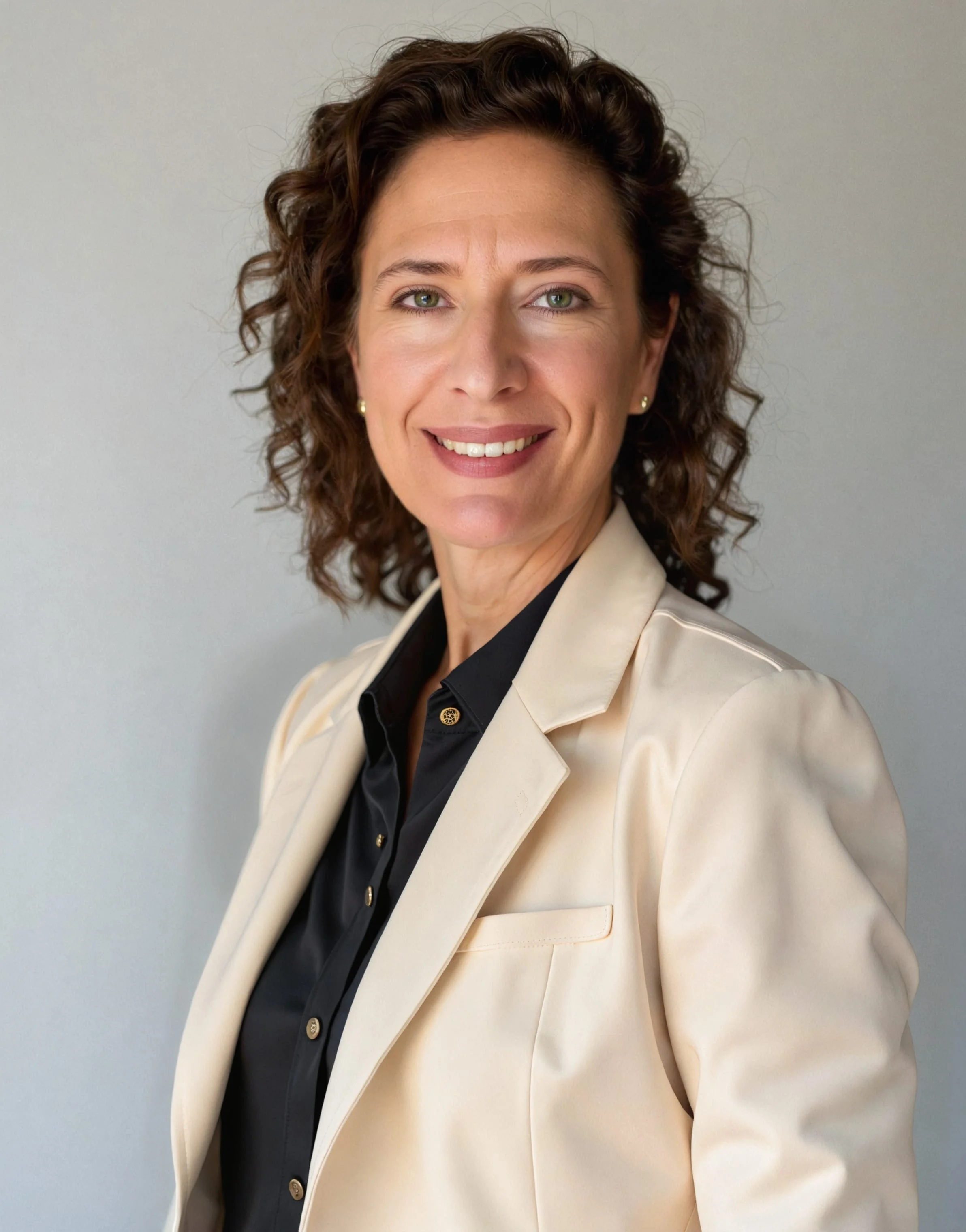 Headshot of a woman with shoulder-length curly brown hair, wearing a cream blazer over a black top, smiling against a plain light gray background.