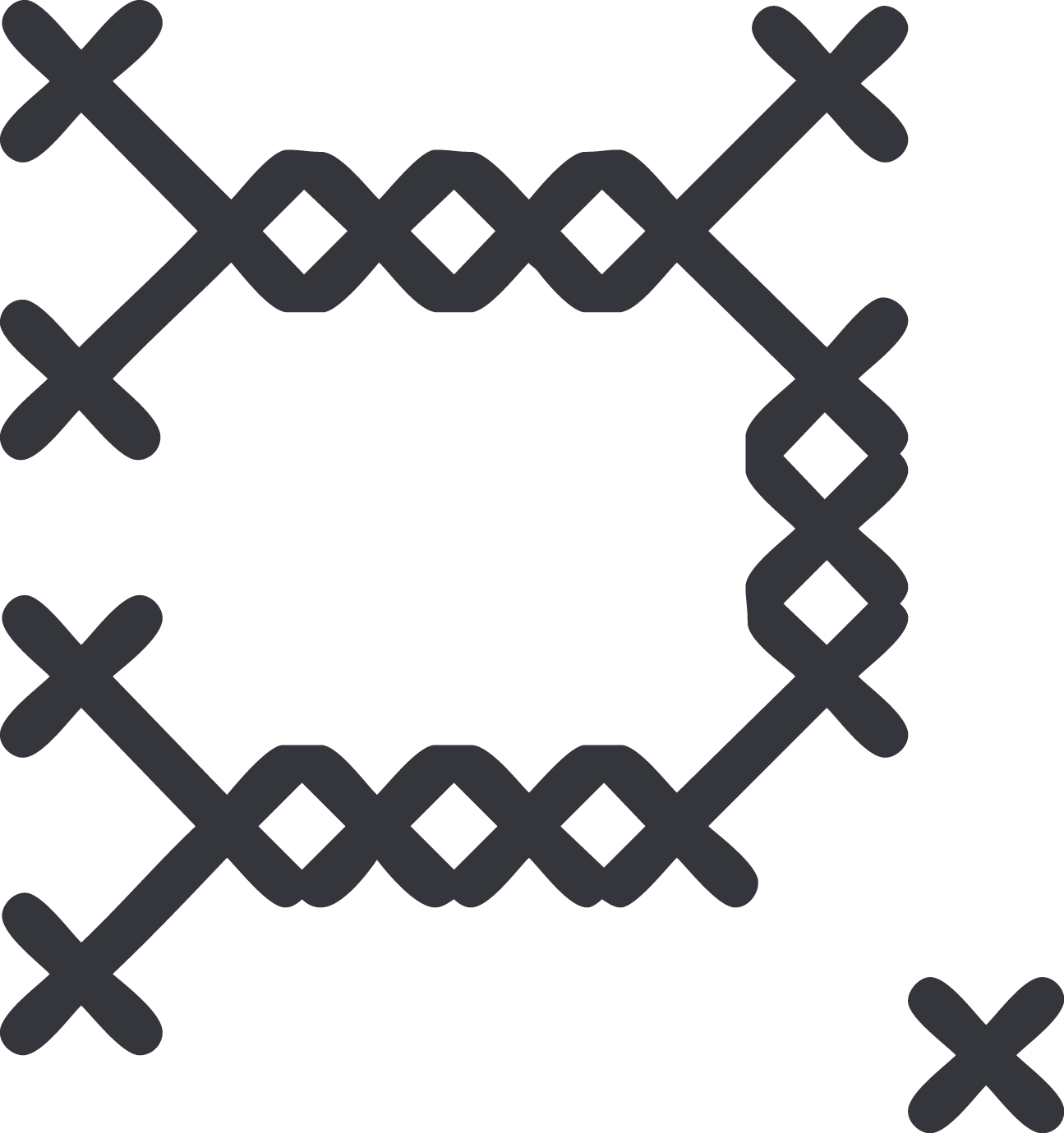 DNA-resembling stitching graphic element, representing Camille Santacroce's classical background and progressive music style.