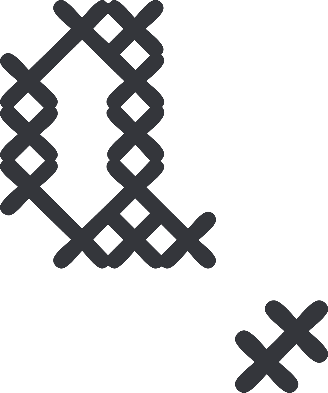 Black background with gray lace pattern and two black 'X' symbols.
