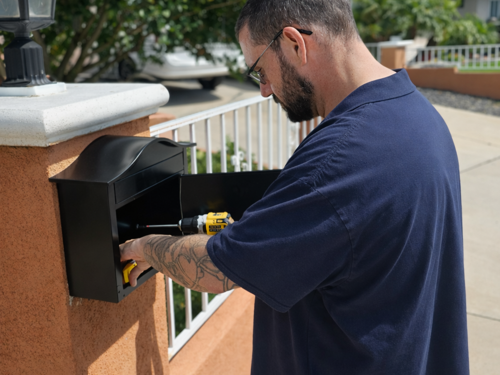 Same-day Mailbox repair in Corona, CA with technician installing a new wall-mounted mailbox at a residential property using power tools during service visit.