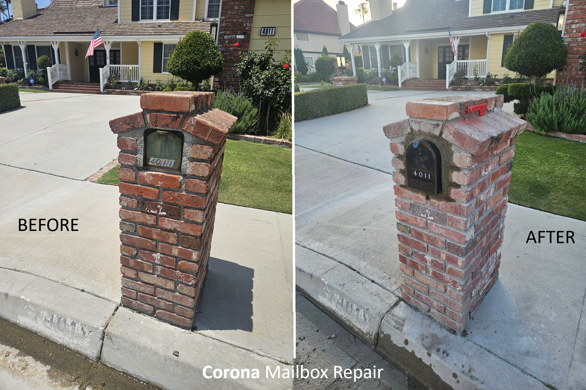 Brick mailbox before and after photo