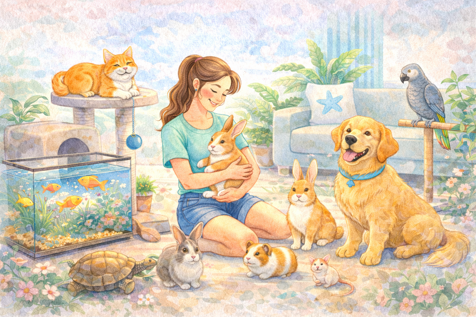 An illustration of a woman surrounded by various pets including rabbits, a dog, birds, fish, a turtle, and a cat in a cozy, plant-filled living room.