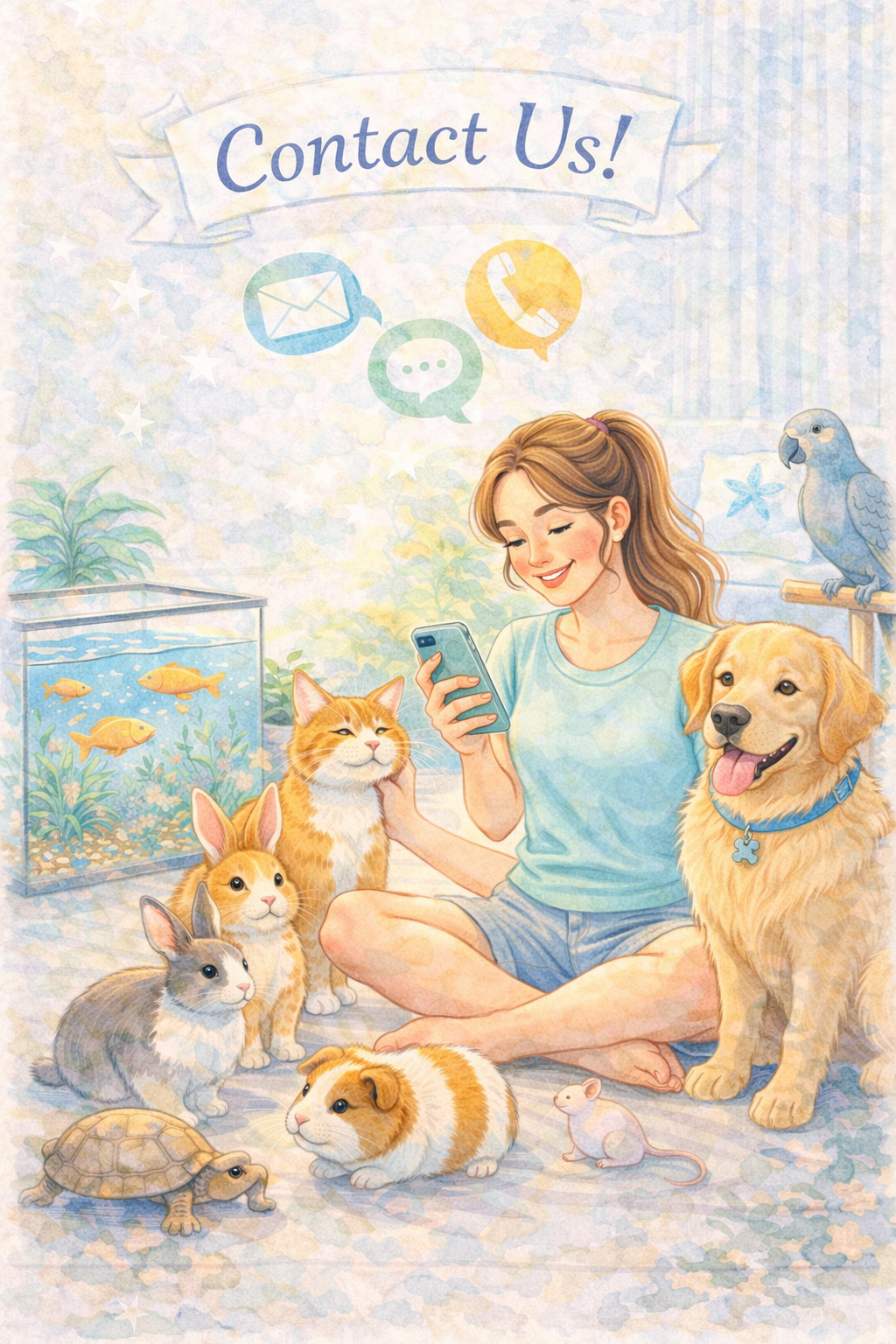 A woman sitting on the floor with a happy dog and several small pets, including rabbits, guinea pigs, hamsters, a turtle, and a parrot, in a cozy room with fish tank and potted plants.